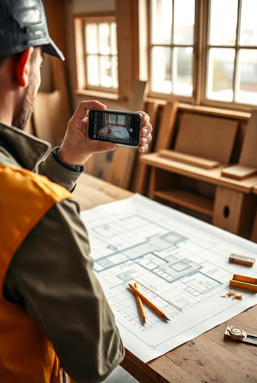 Tømrerelev fotograferer en byggetegning med sin telefon på arbejdsbænken